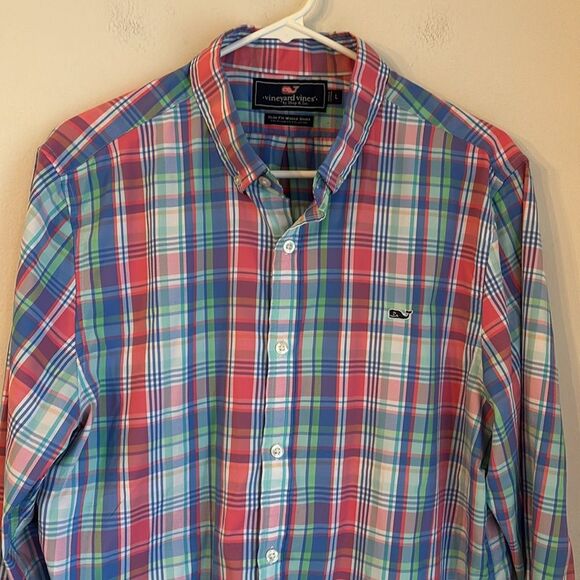 Vineyard Vines Men’s pastel plaid long sleeve slim fit whale shirt office large - Picture 2 of 9